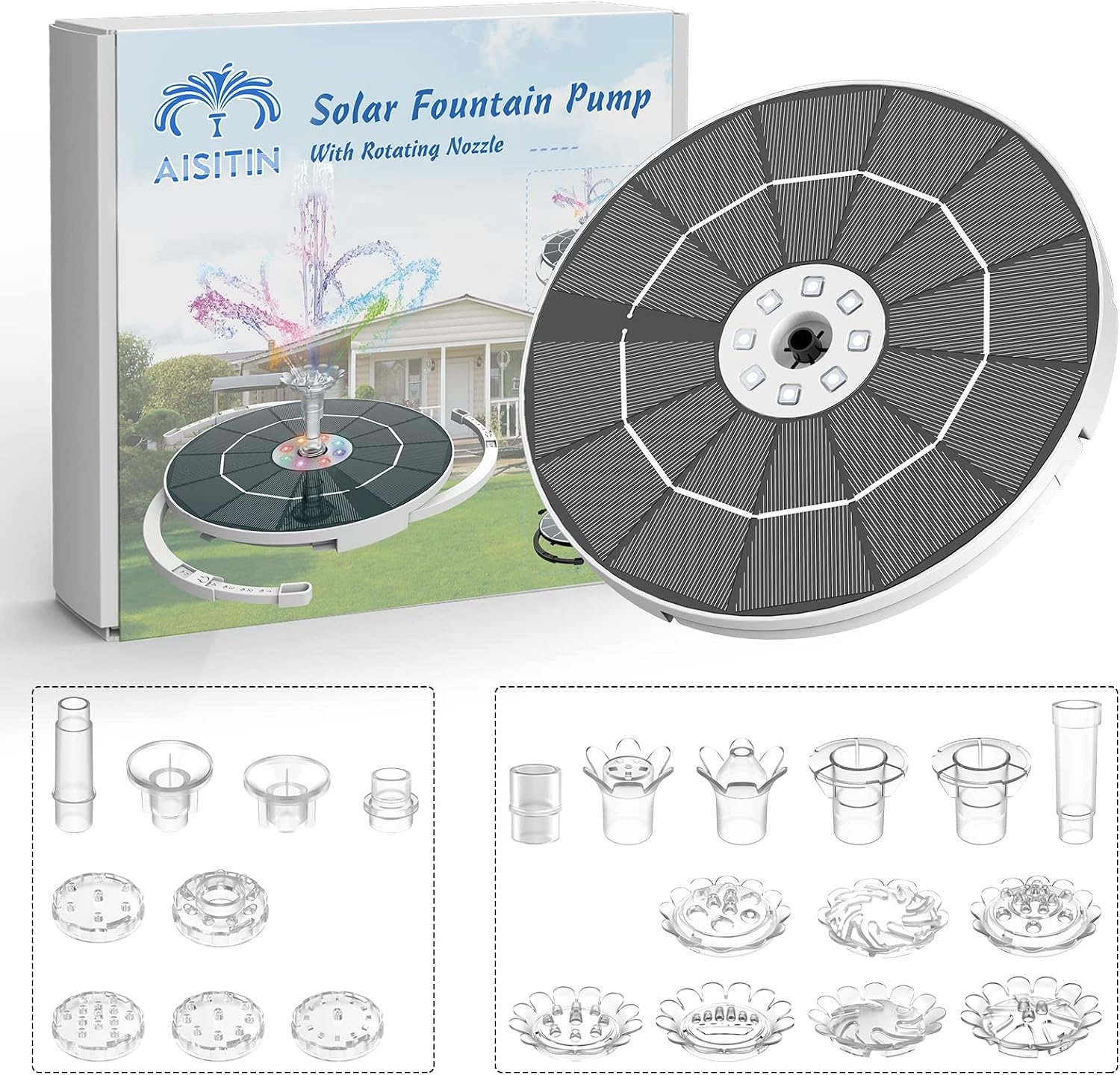 image:imageAISITIN 55W LED Solar Fountain Pump with Colorful Lights amp 3000mAh Battery Solar Bird Bath Fountain Pump with Multiple Nozzle