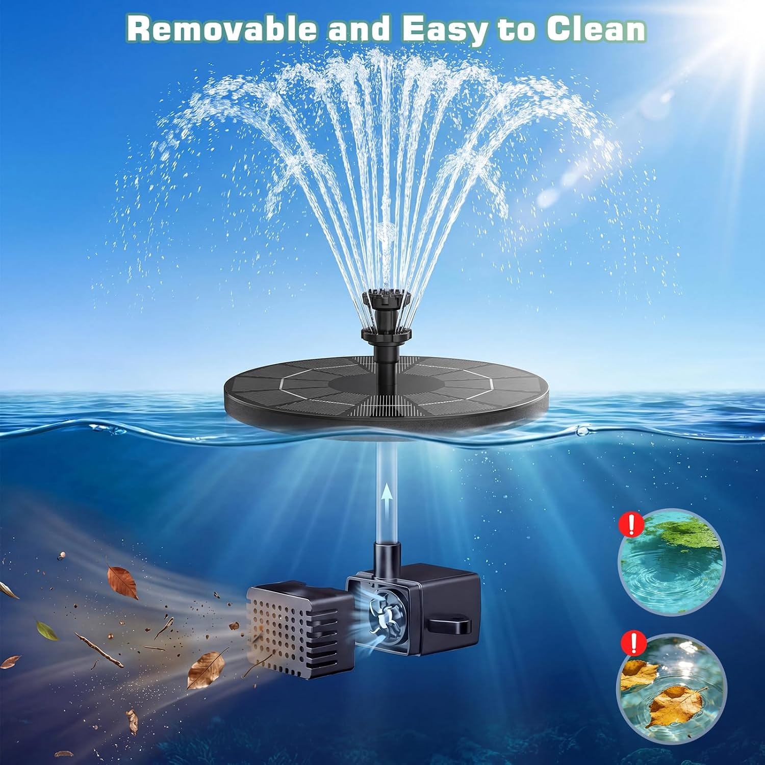image:imageAISITIN 35W Solar Fountain Pump for Bird Bath Separated Design amp 8 Nozzles 3 AntiDrift Brackets Attracting Birds Upgrade Filter Floating DIY Solar Bird Bath Fountain for Garden Fish Tank Pond YardDeepblue