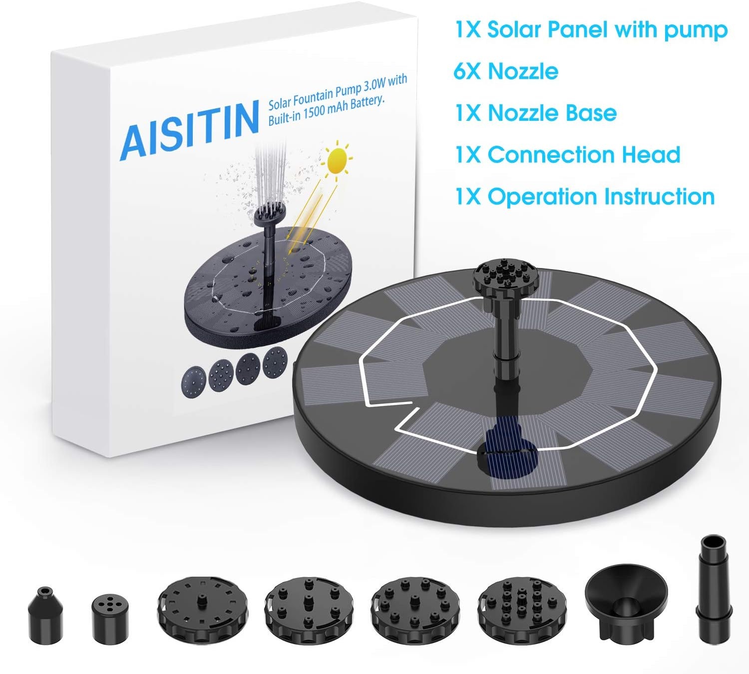 image:imageAISITIN 35W Solar Fountain Pump for Bird Bath Separated Design amp 8 Nozzles 3 AntiDrift Brackets Attracting Birds Upgrade Filter Floating DIY Solar Bird Bath Fountain for Garden Fish Tank Pond YardBlack03