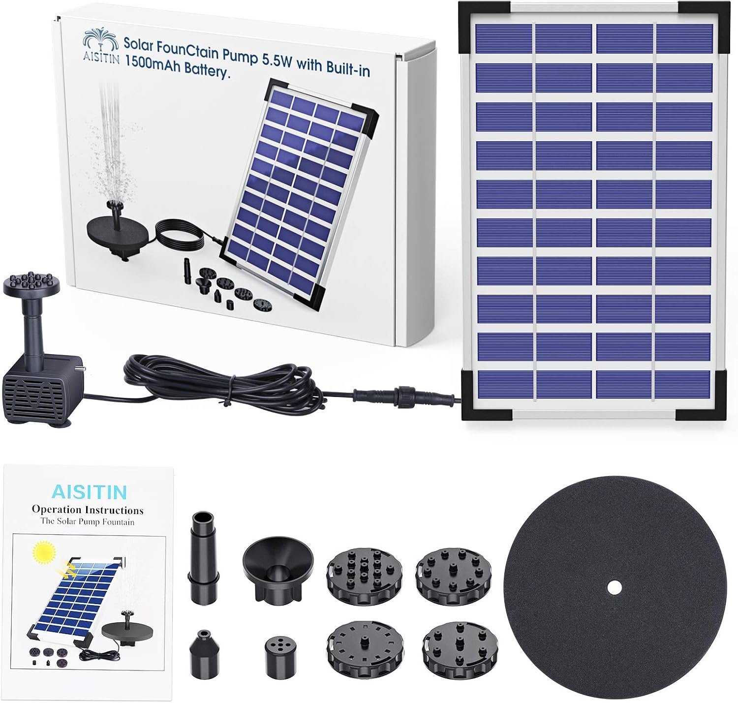 image:imageAISITIN 55W Solar Fountain Pump Builtin 1500mAh Battery 6 Nozzles 164 ft Cord Silver Submersible Solar Powered Stainless Steel Outdoor Water Pump Bird Bath Fish Tank Pond Garden