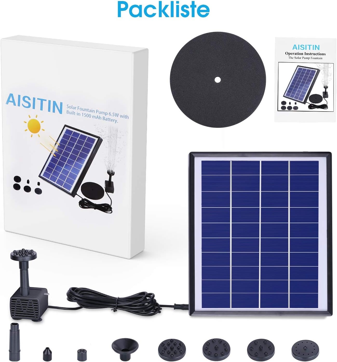 image:imageAISITIN 65W Solar Fountain Pump with Battery Backup 1500mAh amp 6 Nozzles Works Normally on Cloudy Days Auto Poweroff Protection DIY Design Solar Water Pump for Bird Bath Garden Pond Fish Tank65W