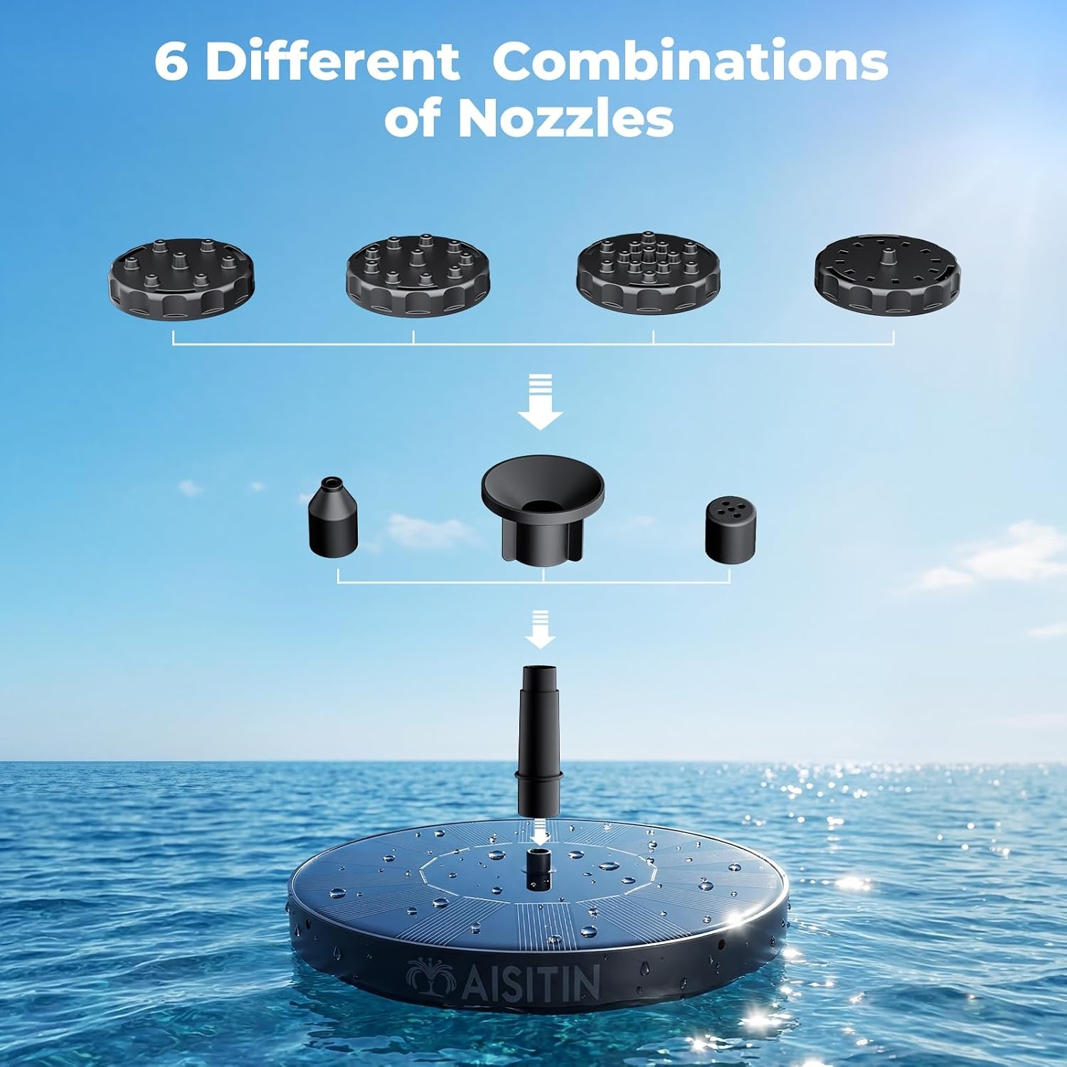 image:imageAISITIN Solar Fountain Pump with 6 Nozzles amp 4 Fixer Solar Powered Floating Water Fountain Pump for Bird Bath Pond Pool Garden Fish Tank and Outdoor1